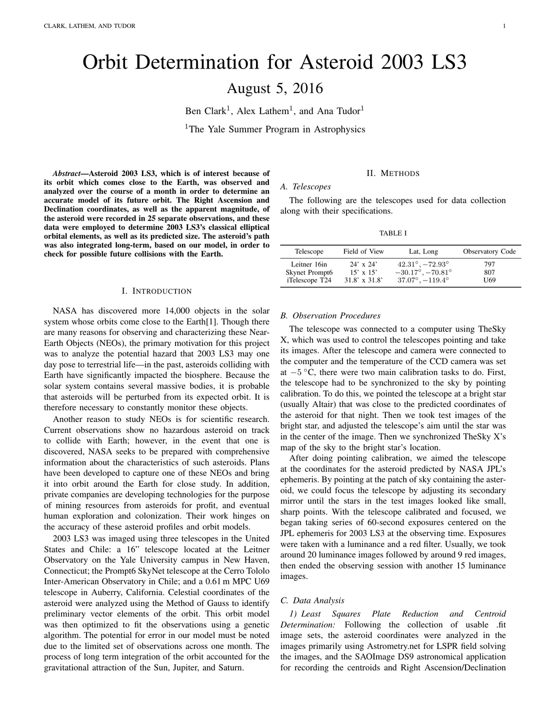 The first page of “Orbit Determination for Asteroid 2003 LS3,” August 5, 2016, bylined Ben Clark, Alex Lathem, and Ana Tudor
