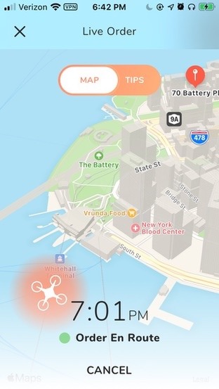 The Live Order screen later in the flight: the drone icon over the map, 7:01 PM, Order En Route
