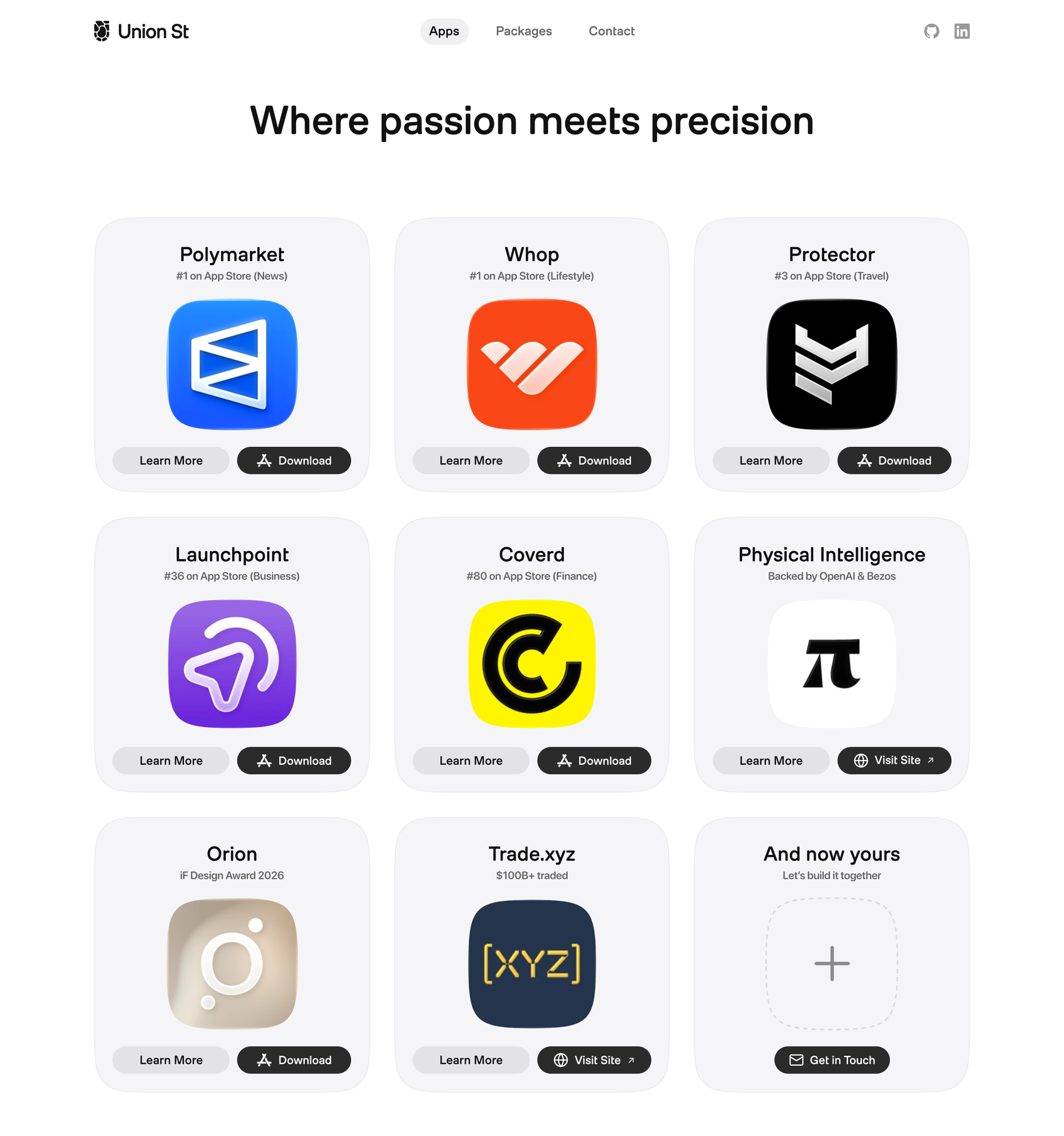 The Union St website: Where passion meets precision, with app cards for Polymarket, Whop, Protector, Launchpoint, Coverd, Physical Intelligence, Orion, and Trade.xyz